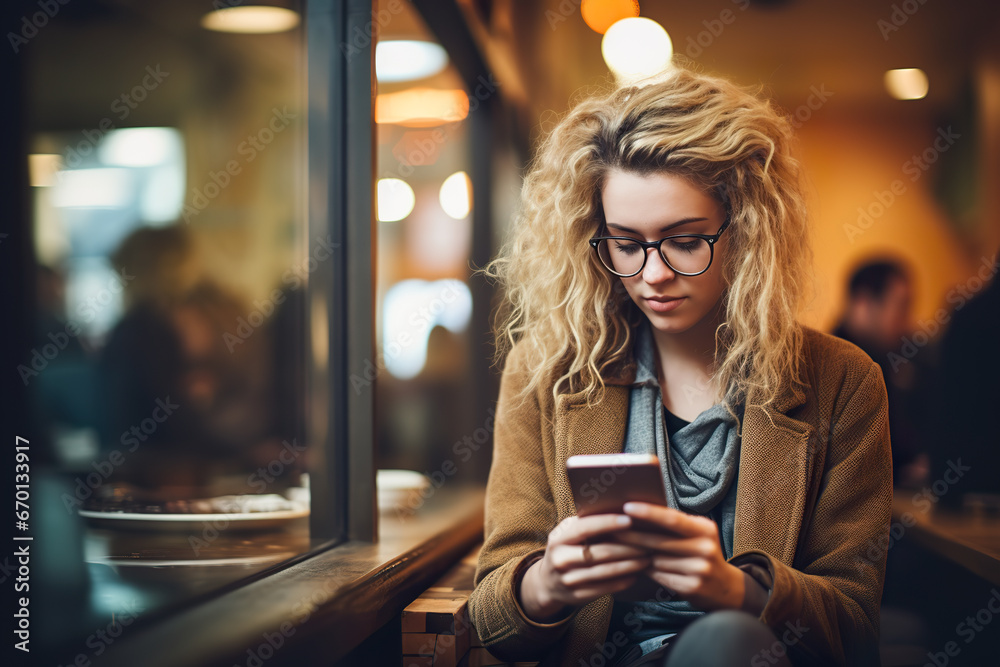 Beautiful girl using cell phone in a coffee shop Beautiful girl using cell phone in a coffee shop