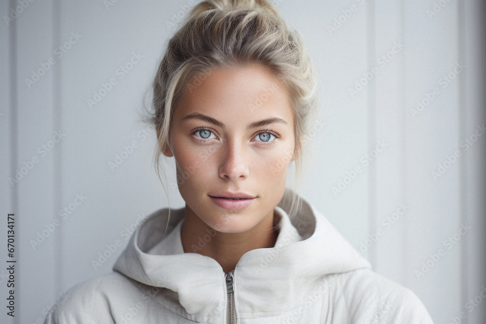 Portrait of beautiful young blond woman with curly hair in white shirt. Portrait of beautiful young blond woman with curly hair in white shirt.