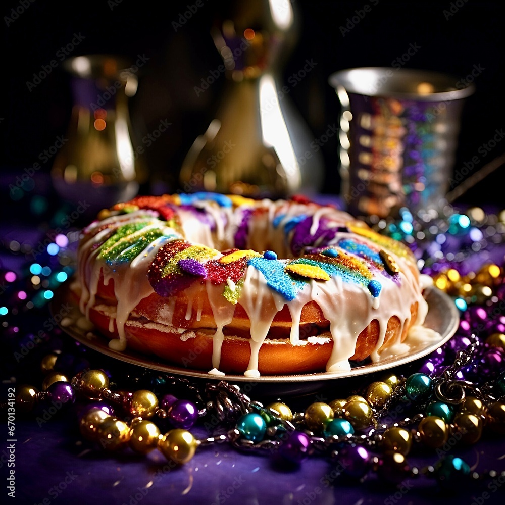 Mardi Gras food, colourful donuts 