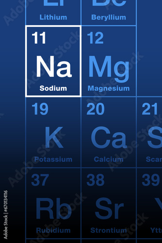 Sodium on the periodic table of the elements. Alkali metal, with symbol Na from Latin sodium, and atomic number 11. Sixth most abundant element in Earth crust, essential for animals and some plants.
