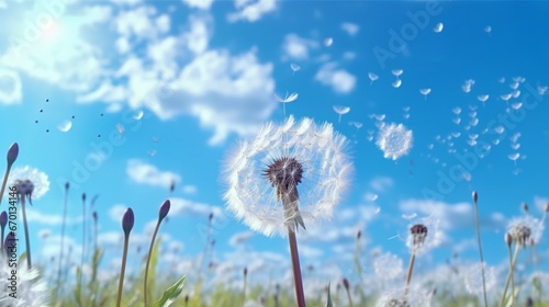 A group of Diamond Dust Dandelions in a field, their delicate seeds resembling tiny diamonds, with a vivid blue sky in the background.