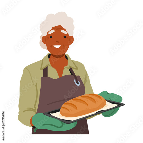 Senior Woman Carries A Tray With Freshly Baked Bread, The Aroma Of Warmth And Comfort Wafting Around Her