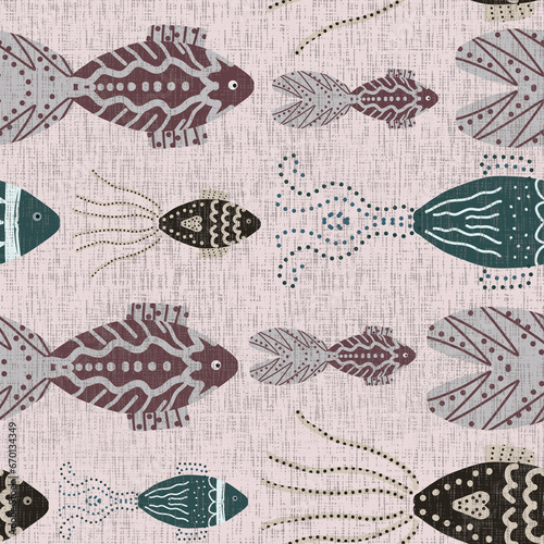 Photography Seamless pattern, horizontal stylized fish on a pink background