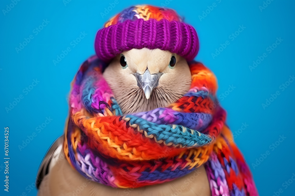Studio portrait of a dove wearing knitted hat, scarf and mittens. Colorful winter and cold weather concept. Studio portrait of a dove wearing knitted hat, scarf and mittens. Colorful winter and cold weather concept.