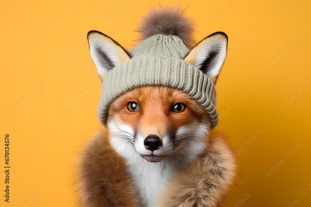 Studio portrait of a fox wearing knitted hat, scarf and mittens. Colorful winter and cold weather concept. Studio portrait of a fox wearing knitted hat, scarf and mittens. Colorful winter and cold weather concept.