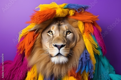 Studio portrait of a lion wearing knitted hat  scarf and mittens. Colorful winter and cold weather concept.