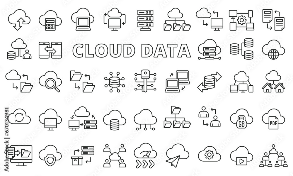 Cloud data icon set in line design. Data, Storage, Upload, Download, Server, Backup, Files vector illustrations. Editable stroke icons.