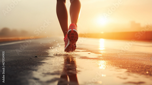 female athlete running on the road. runner running at sunrise
