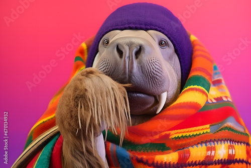 Studio portrait of a walrus wearing knitted hat, scarf and mittens. Colorful winter and cold weather concept. photo