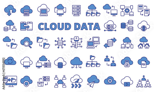 Cloud data icon set in line design blue. Data, Storage, Upload, Download, Server, Backup, Files vector illustrations. Editable stroke icons.
