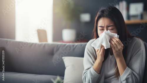 sick young woman with flu blowing nose at home photo