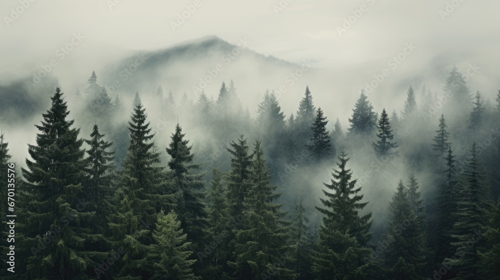 Forest background with fog around trees, dark green panorama. Walpaper background. gernerative ai