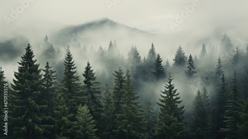 Forest background with fog around trees, dark green panorama. Walpaper background. gernerative ai © noeh
