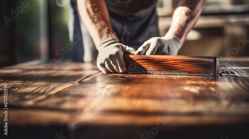male hands making wooden table.