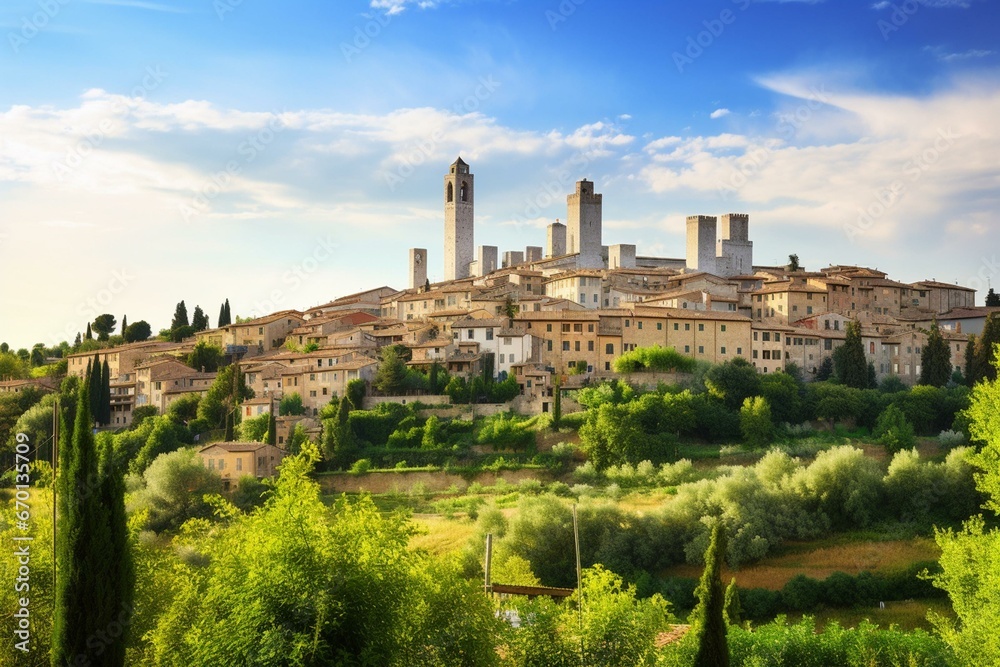 View of San Gimignano, an ancient Italian town. Generative AI - obrazy, fototapety, plakaty 
