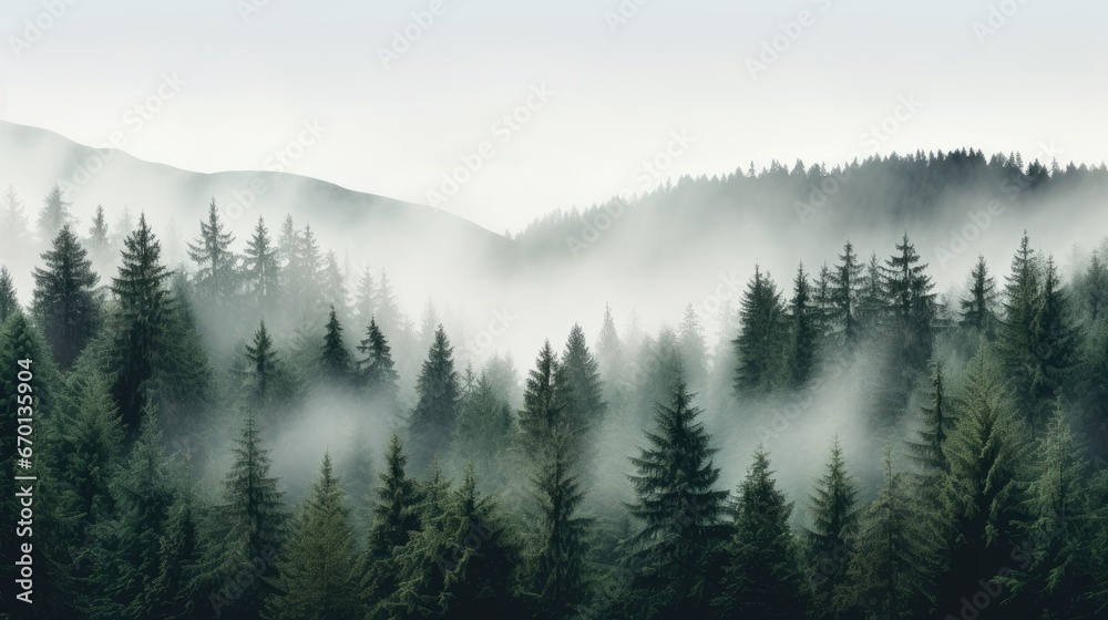 Forest background with fog around trees, dark green panorama. Walpaper background. Panorama, gernerative ai