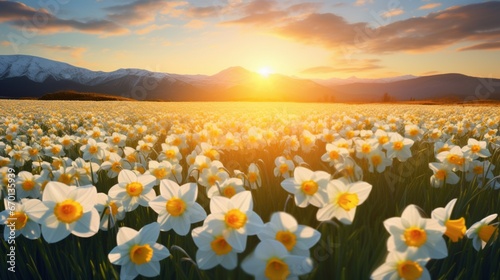 A breathtaking 8K image of a Starflower Daffodil field in full bloom, with the flowers swaying gently in the breeze. photo