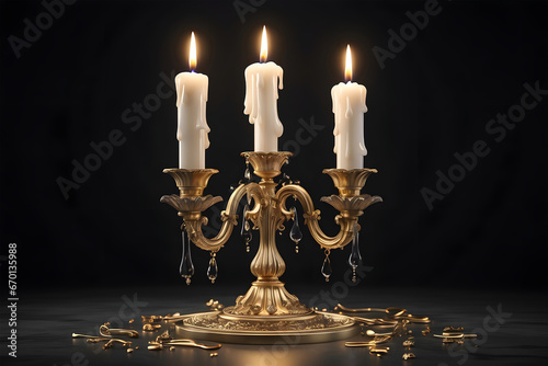 Vintage brass candelabra of three burning candles with dripping wax on a black background. photo created using Leonardo AI platform