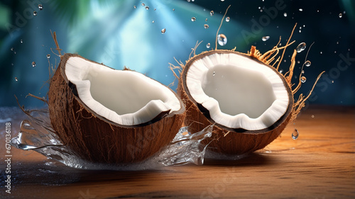 coconut with splashing milk on black background with copy space.