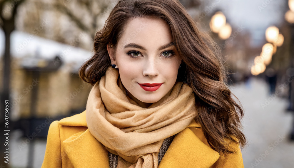 Modeporträt einer schönen blonden Frau in gelbem Mantel und Schal. Modeporträt einer schönen blonden Frau in gelbem Mantel und Schal.