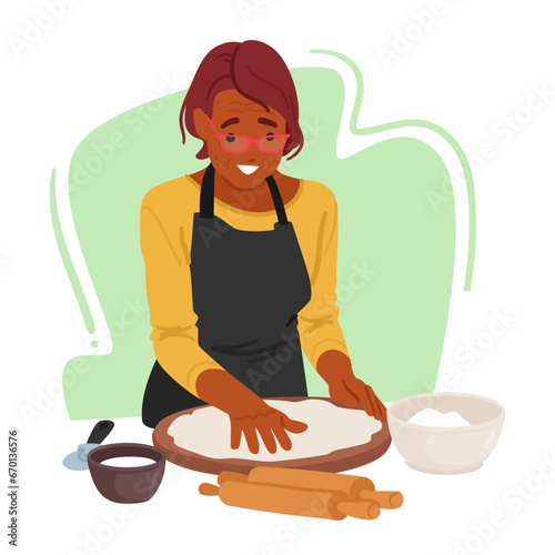 Senior Woman Kneads Dough For Baking, Her Hands Skillfully Working The Ingredients Together Cartoon Vector Illustration