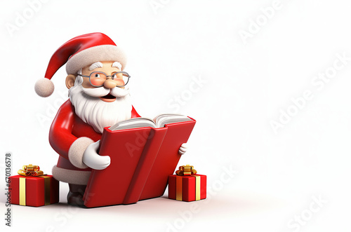 Santa Claus reads the book of wishes  with christmas gifts on white background. 