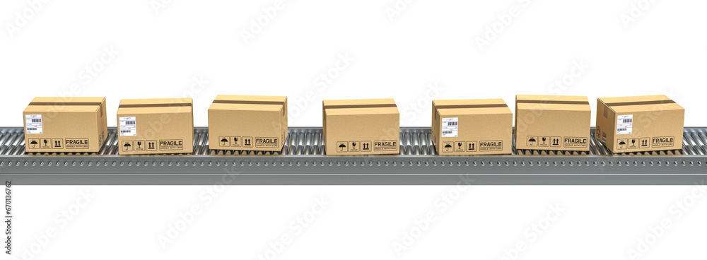 horizontal conveyor belts side view with parcels isolated on white. - obrazy, fototapety, plakaty 