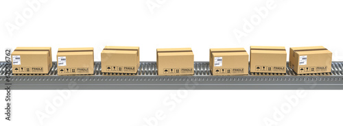 horizontal conveyor belts side view with parcels isolated on white. photo