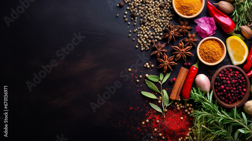 composition of different spices and herbs on black background. top view