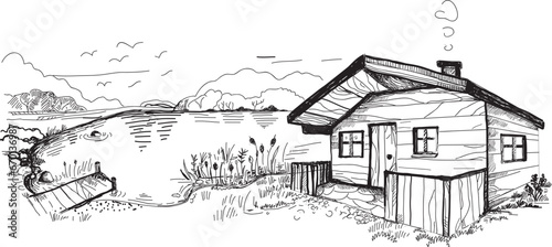House by the lake in Masuria, Poland. Wooden house . Hand drawing, vector sketch