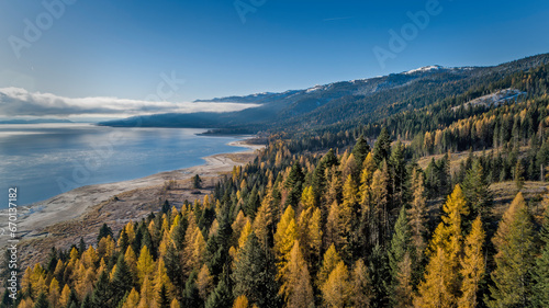 Aerial view of Tamarack pine trees in fall colors next to a blue mountain lake
