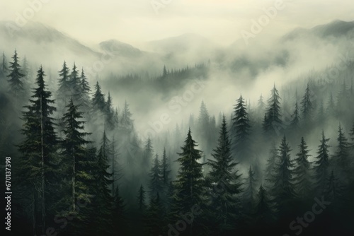 Forest background with fog around trees, dark green panorama. Walpaper background.