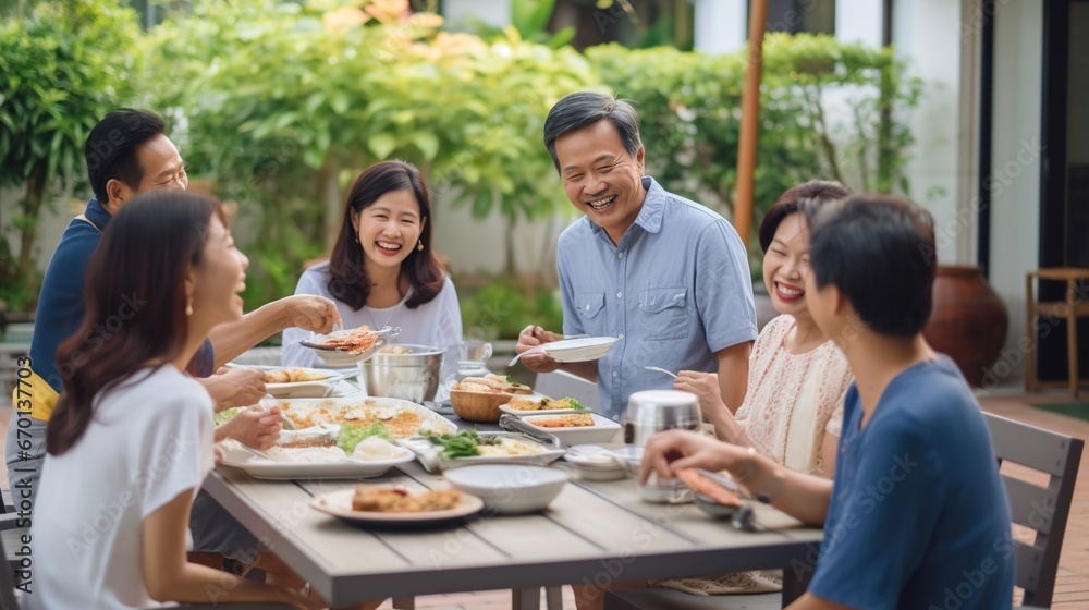 Asian Family and Friends Gathering Together at Garden Table.