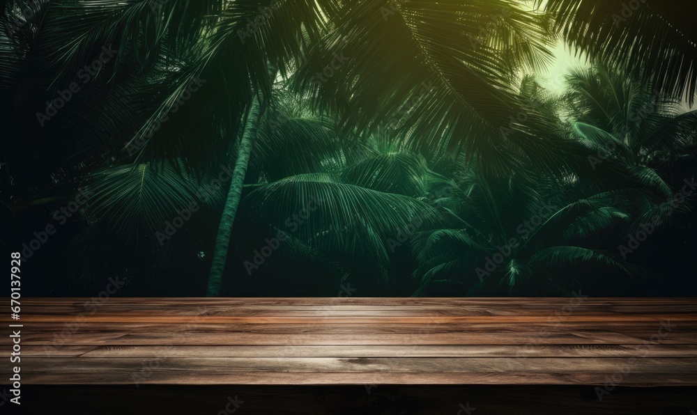 Wood floor with tropical background wallpaper, in the style of stage-like environments, generative AI Wood floor with tropical background wallpaper, in the style of stage-like environments, generative AI