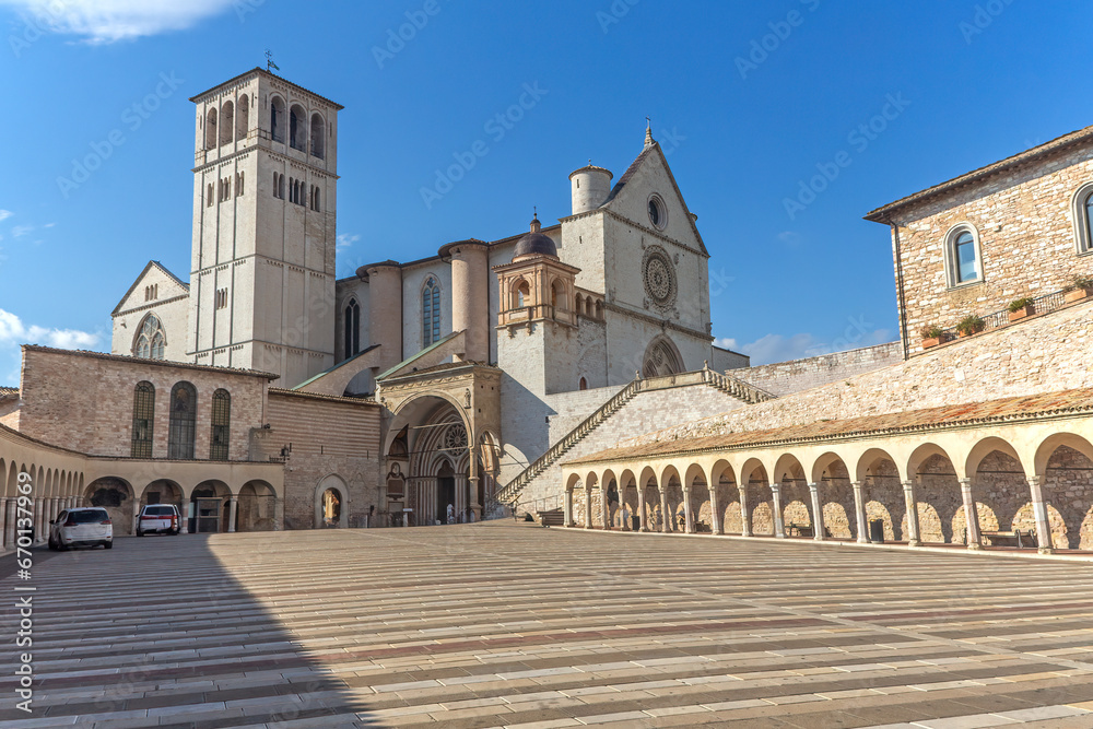 Empty Lower Square of St Francis in Assisi. Umbria. Italy. There is enough space for your use in the photo.