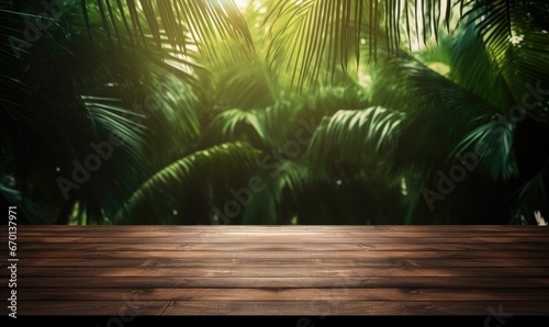 Wood floor with tropical background wallpaper  in the style of stage-like environments  generative AI