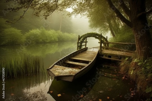 Solitary boat by serene lake. Island bridge. Generative AI