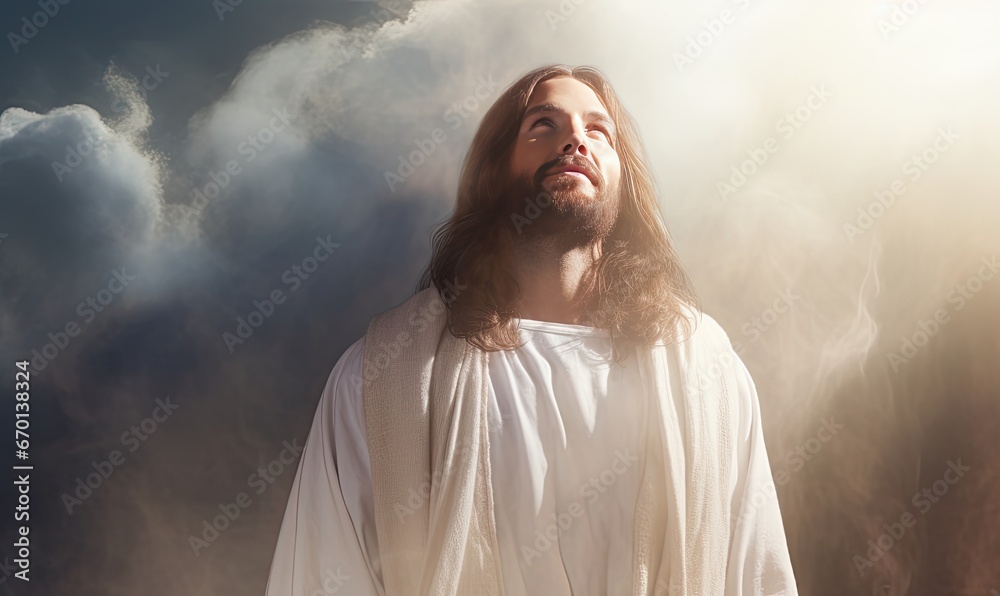 Jesus Christ with Flowing Locks Gazing at Majestic Cloudscape Jesus Christ with Flowing Locks Gazing at Majestic Cloudscape