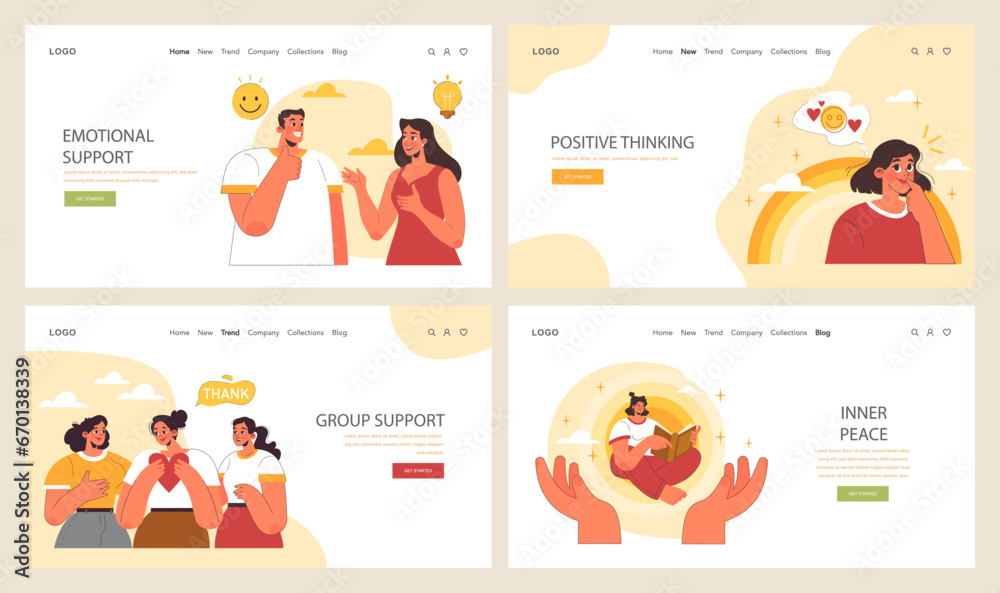 Positive psychology web banner or landing page set. Positive thinking and attitude. Optimistic mindset, self acceptance and well-being. Young woman working on mental health. Flat vector illustration
