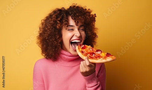 A Woman Enjoying a Delicious Slice of Pizza in a Pretty Pink Sweater