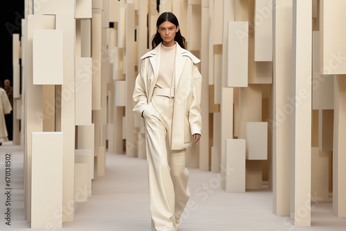 Models walk the runway in light black and beige clothing with a normcore style. The clothes feature textured pigment planes and are inspired by the 1970s. photo