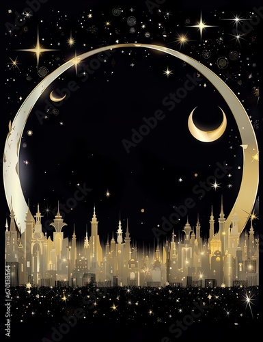 Glittering city at the bottom of a golden gradient circle. Round, circle frame for text. Gold moon and stars shining for greetings. Luxury feeling, beautiful. Silhouette of buildings. photo
