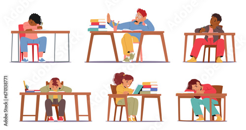 Set of Distressed Kids, Hunched Over Homework, Battle With Stress. Little Tired Boys and Girls Sitting at Desks
