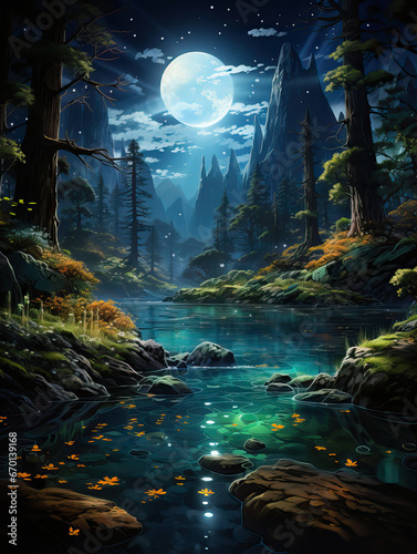 Moonlit Serenity  A Fantasy Forest by the Lake autumn forest in the evening forest in the night