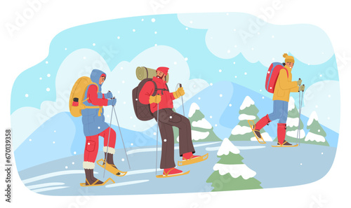 People Embarking On Winter Hikes, Wrapped In Warm Layers, Venture Through Snow-covered Landscapes, Vector Illustration