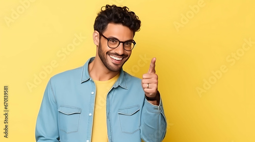 Portrait of smiling businessman pointing thumb at copy space for marketing over yellow background photo