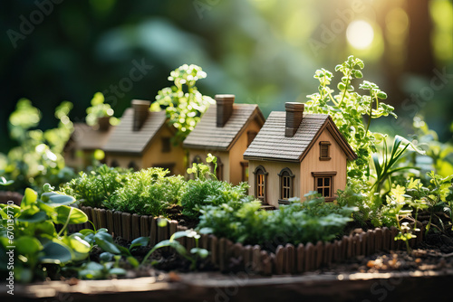 A Tranquil Morning in the Miniature Garden Village,wooden house in forest,Miniature house model in the forest, pocket-sized model