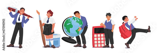 Schoolkids Gleefully Toting Oversized Stationery, Giant Pen, Paintbrush, Globe, Calculator and And Colossal Backpack