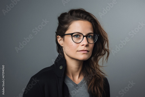 Portrait of a beautiful young woman with long brown hair wearing glasses.