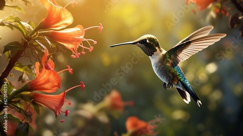 A hummingbird hovering near a cluster of Angel's Trumpet Vine flowers in a lush garden, captured in stunning